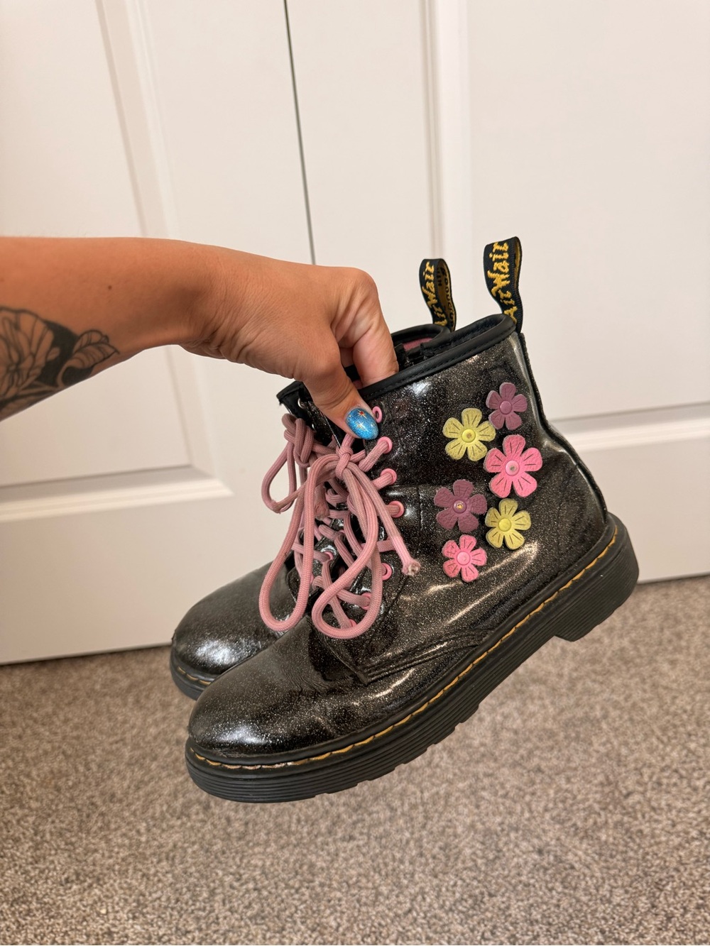 Dr. Martens Black Glitter Floral Lace-Up Boots with Pink Laces